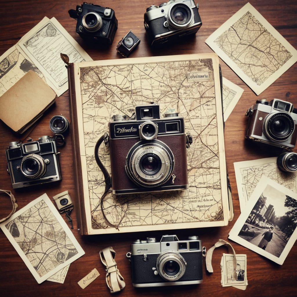 An elegantly aged photo album filled with sepia-toned images, each photo depicting significant historical events overlaid with playful, modern Instagram-like filters and hashtags. Include vintage cameras, old-world maps, and handwritten notes scattered around. Incorporate a smartphone retrofitted with antique elements to symbolize bridging past and present. super-realistic. nostalgic tones. intricate details.