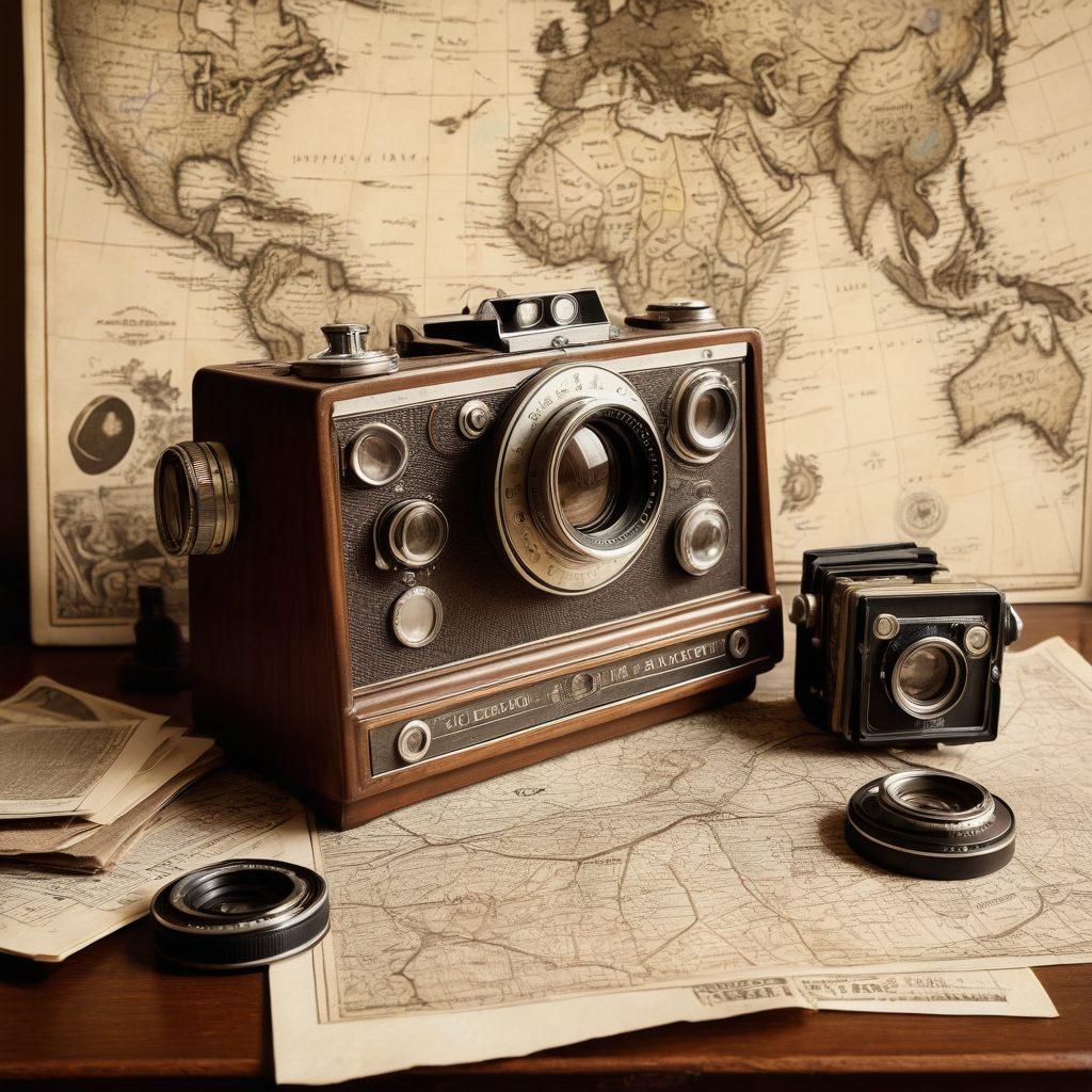 A diverse collage showing historical moments captured in vintage-style photographs, each photo looking like a snapshot from different eras. Images include pivotal events such as the moon landing, iconic protests, and famous speeches. The photos are scattered across an elegant antique desk with old cameras and sepia-toned maps. painting. nostalgic colors. intricate detail.